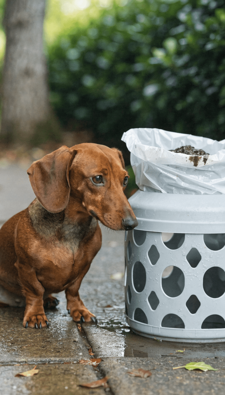 "Close-up of dachshund sitting by outdoor potty spot"