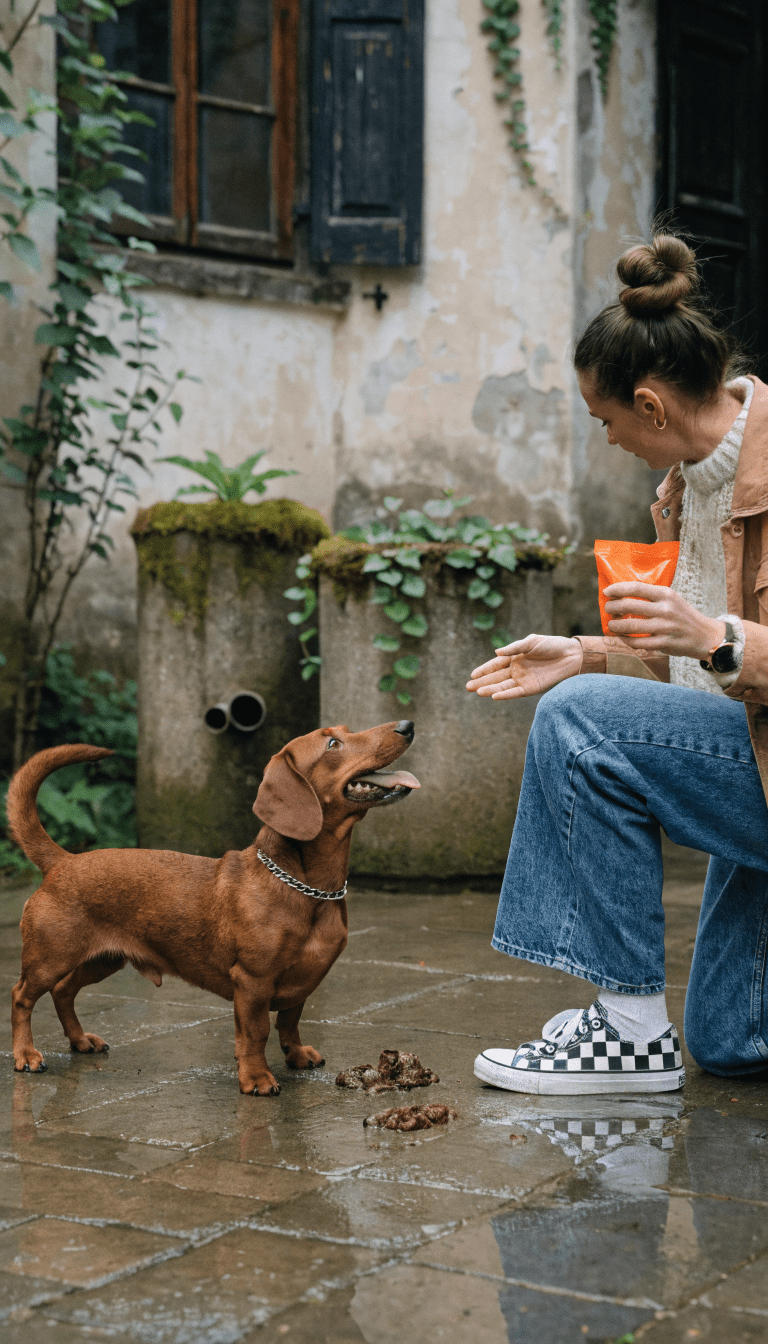 "Trainer giving praise with dachshund at designated potty area"