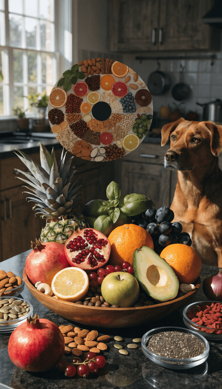 "Vibrant kitchen scene: dog beside nutrient infographic"