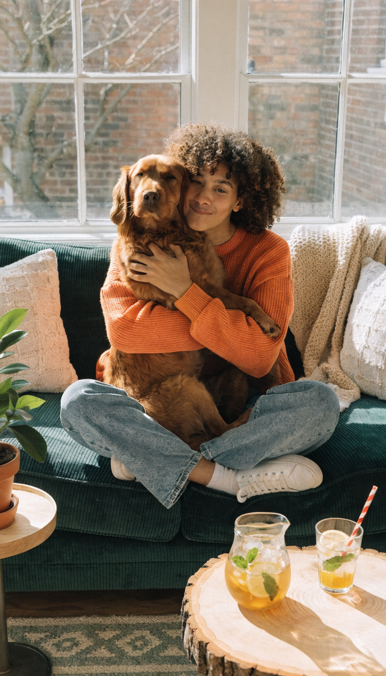 "dog and owner cuddling during quiet home moment"