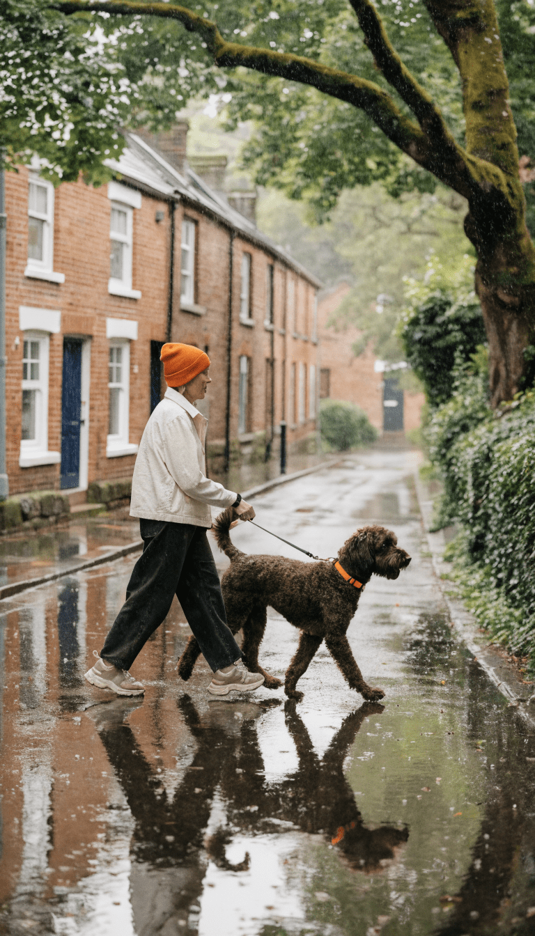 "dog and owner on a calm, shaded leash walk"