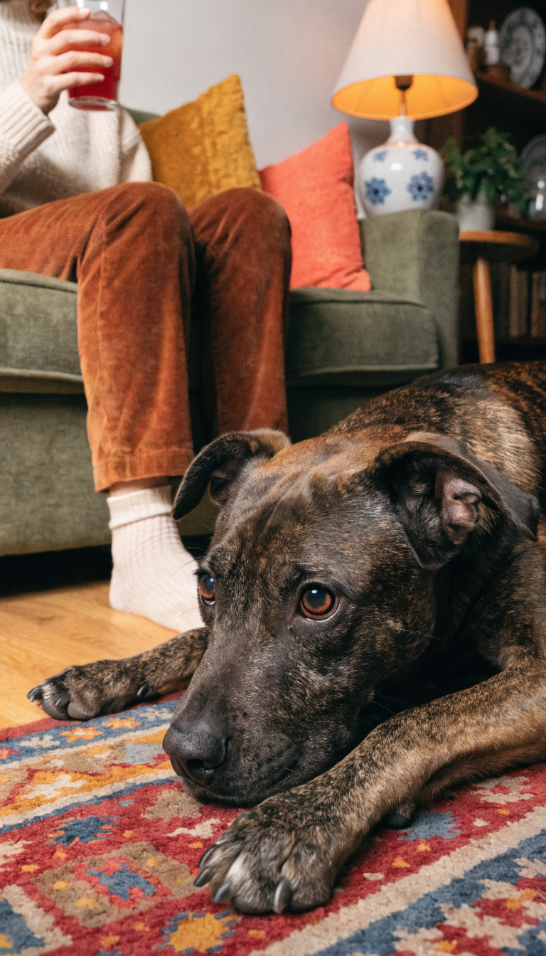 "dog watching owner, close-up in cozy living room"