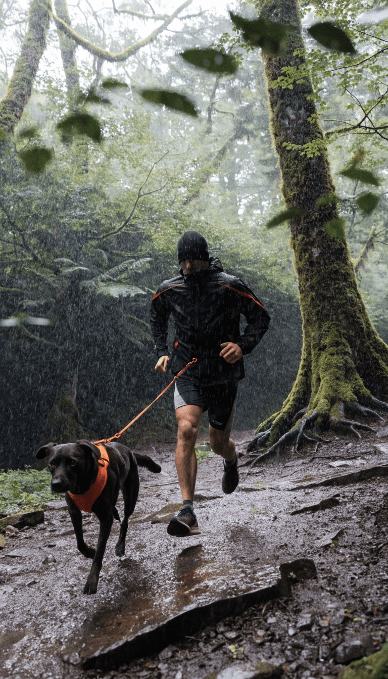 Canicross scene: runner and dog in sync on trail