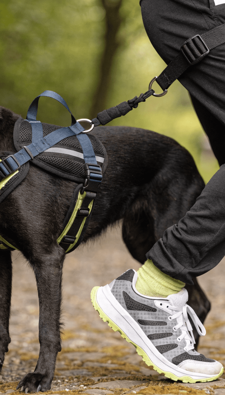 Waist tethered canicross setup, close-up harness details