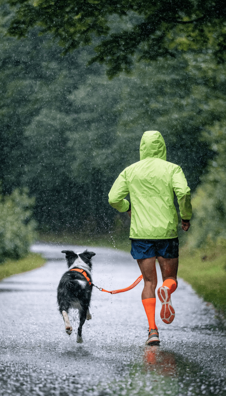 Bungee cord between runner and dog mid-stride on path