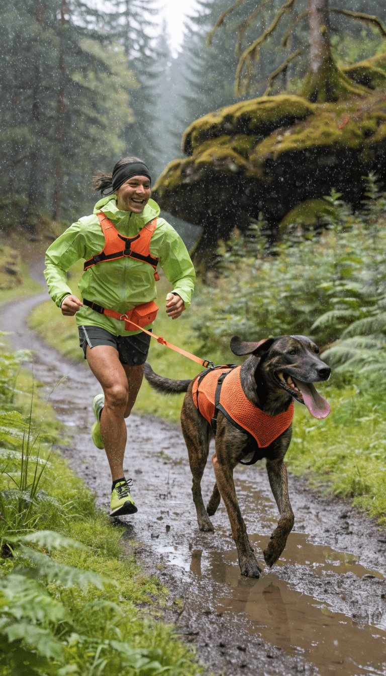 Smiling duo during canicross warm-up on forest trail