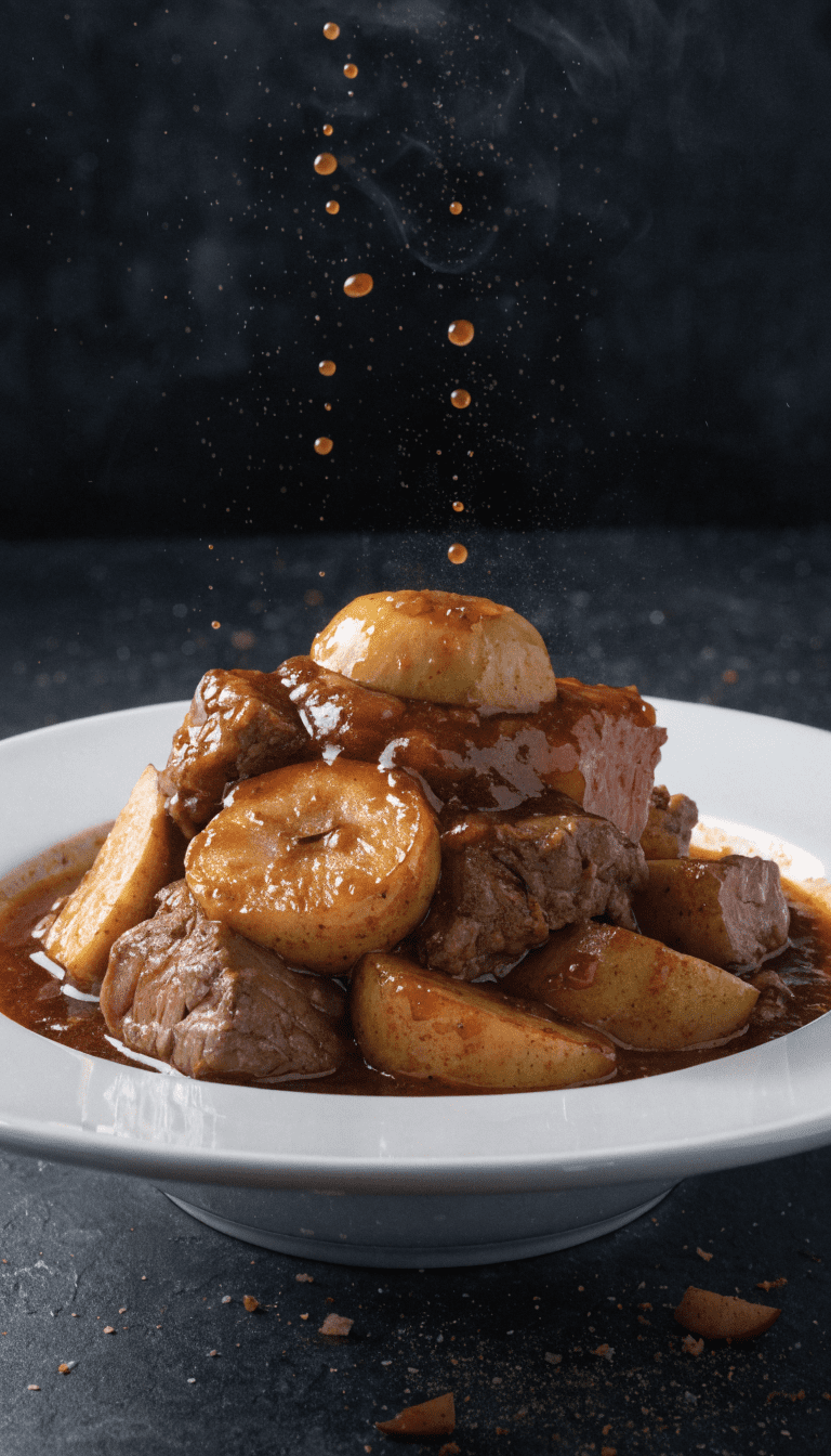 "Beef and apple stew in a white ceramic bowl"
