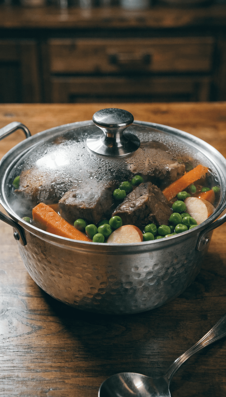 "Slow-simmer pot with beef, carrots, peas, apples"