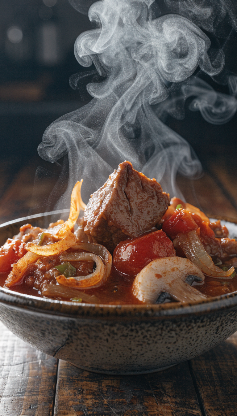 "Close-up of steam rising from stew in rustic bowl"