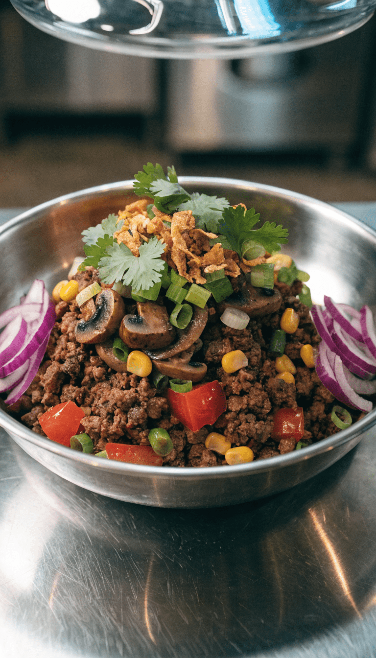 "Ground beef power bowl in stainless dish, clear kitchen light"