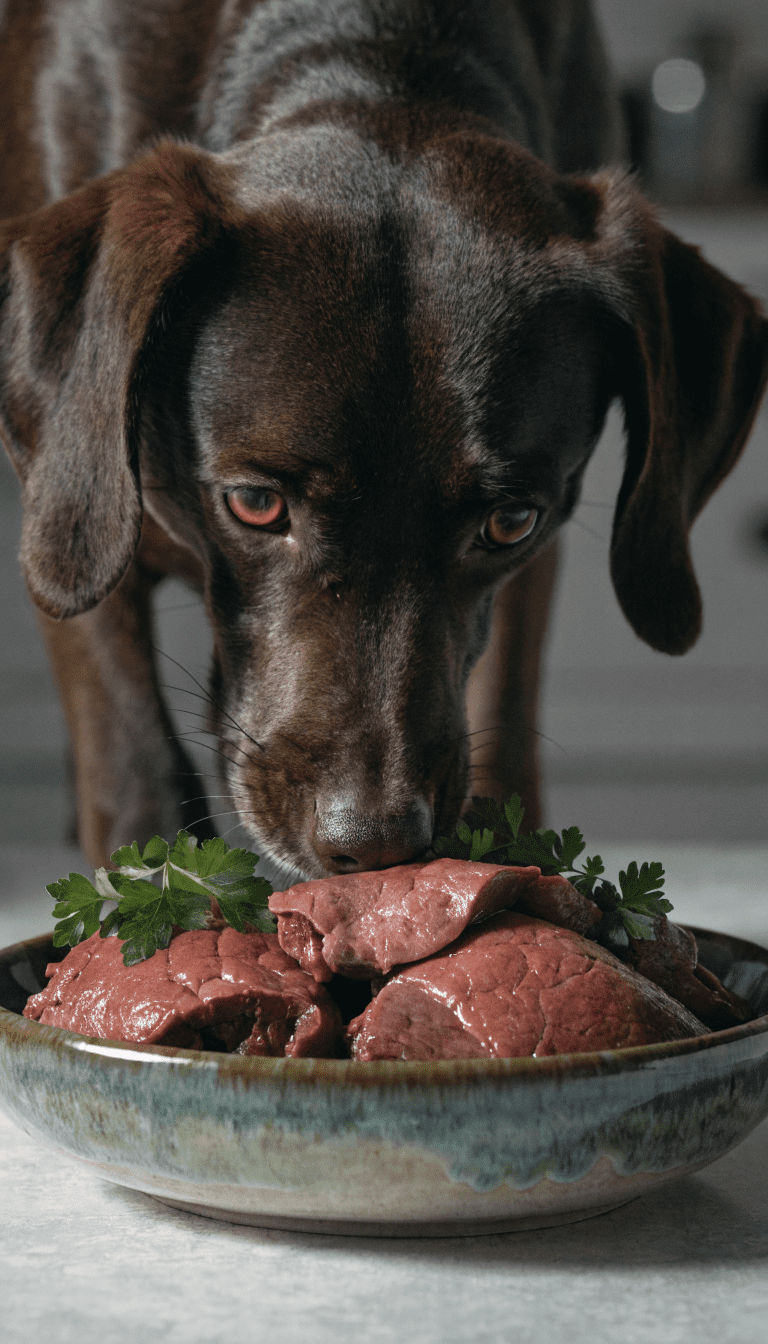"Dog with organ meat garnish, close-up bowl and greens"
