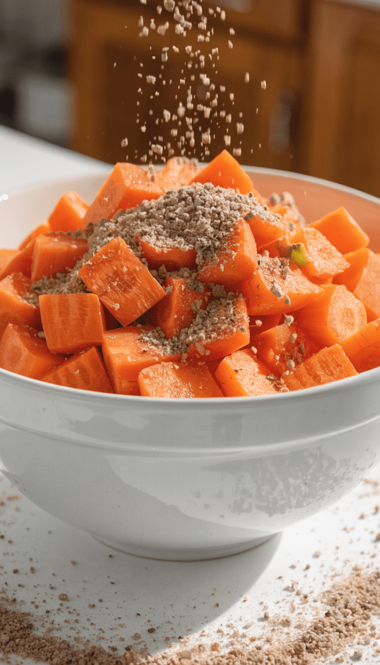 "Raw bone meal sprinkle over chopped carrots, bright counter"