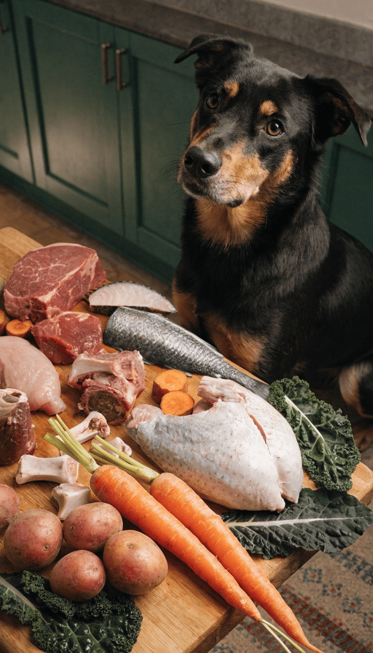 "Adult dog beside labeled BARF ingredients spread on board"
