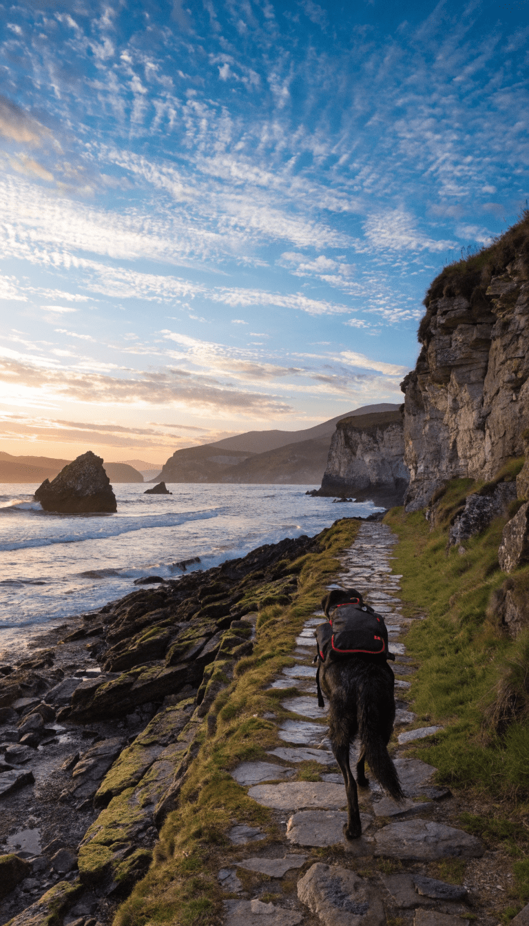 "hiking dog with backpack on trail at dawn"