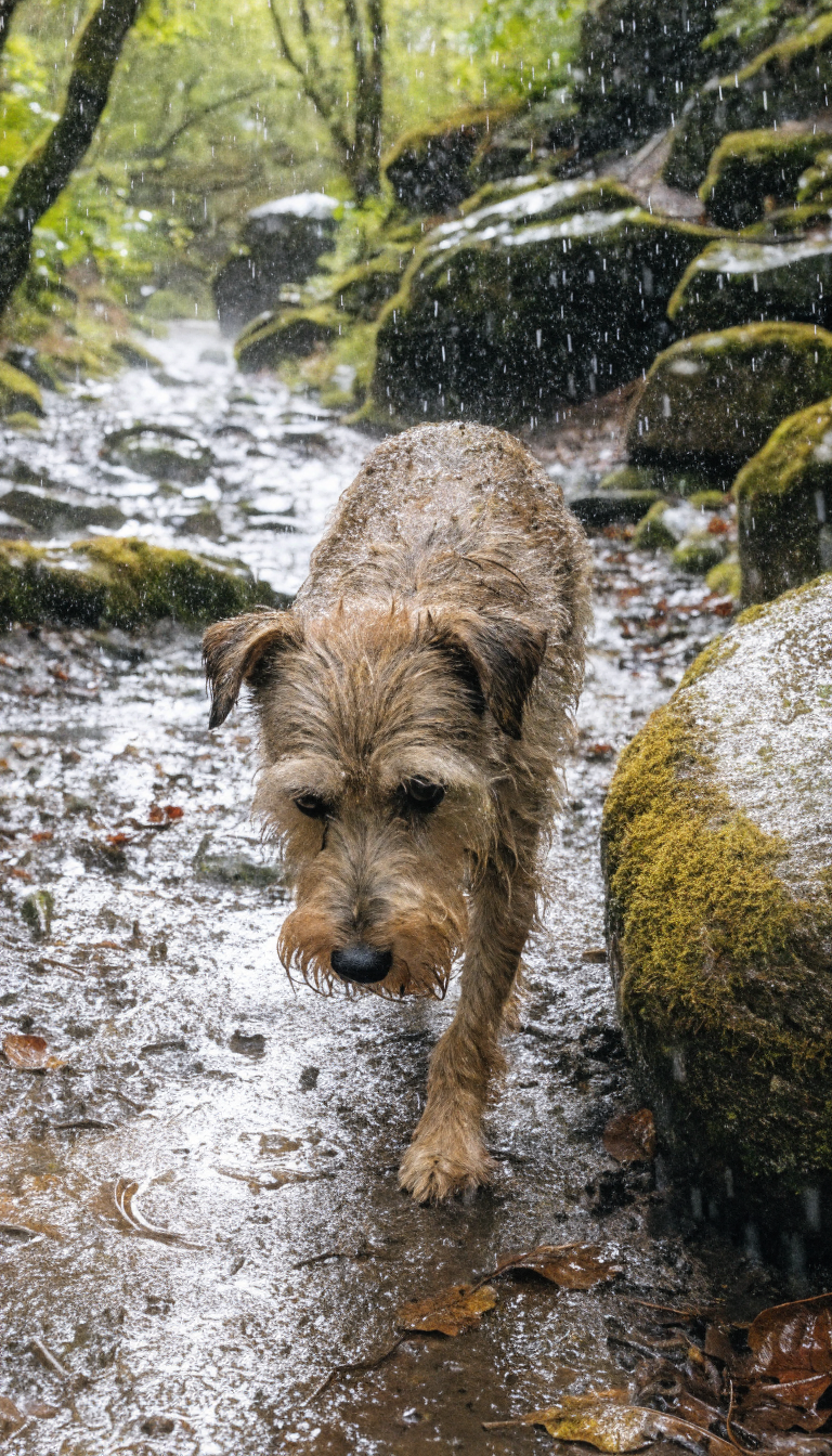 "spunky terrier nose to ground, muddy trail scene"