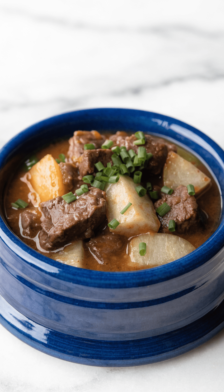 "Dog-friendly beef and apple stew setup in dog bowl, minimal background"