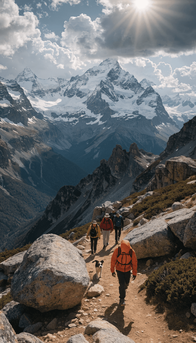 "multibreed hiking group with dog, alpine vista backdrop"