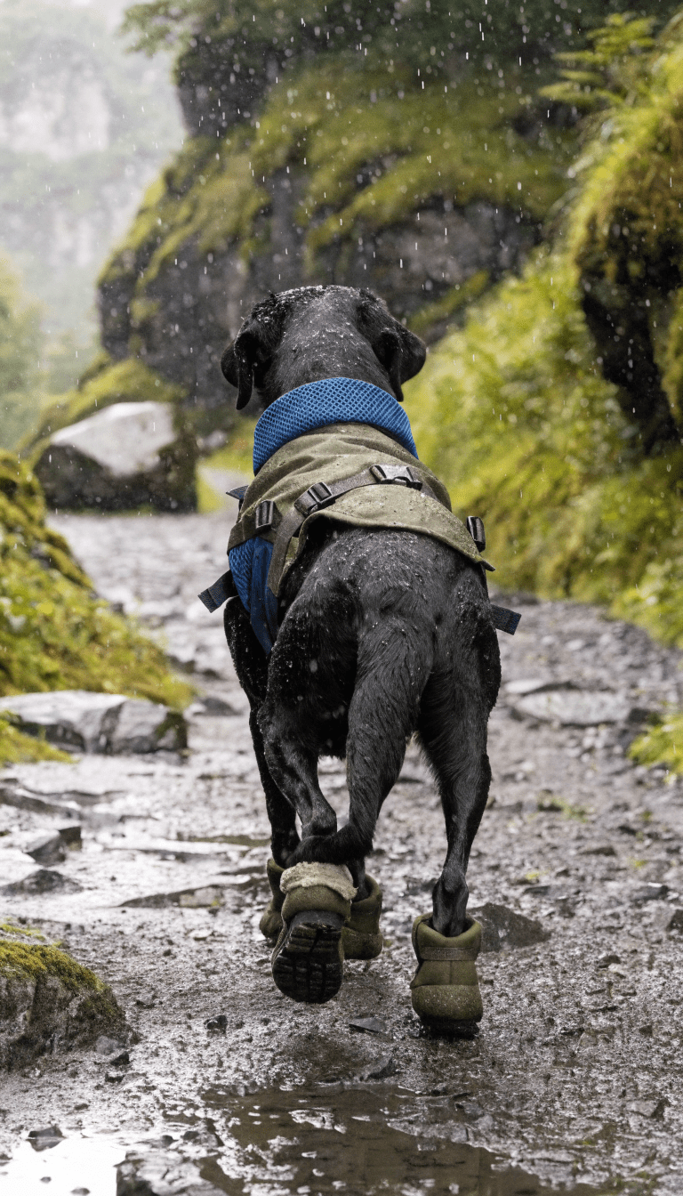 "labrador steady pace on forest path, rugged gear"