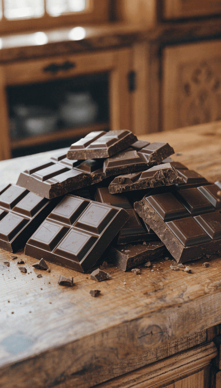 "dark chocolate bars on wooden kitchen counter"