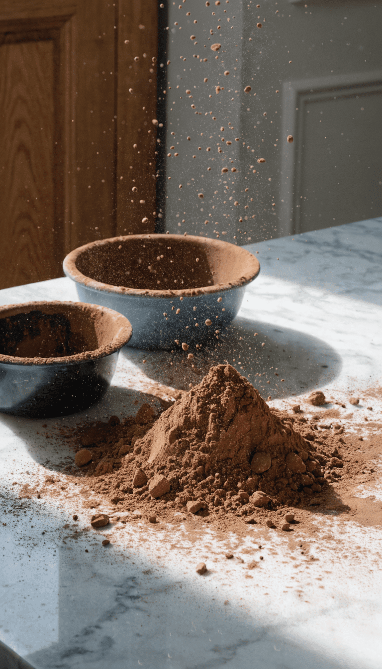"cocoa powder spill near dog bowls"