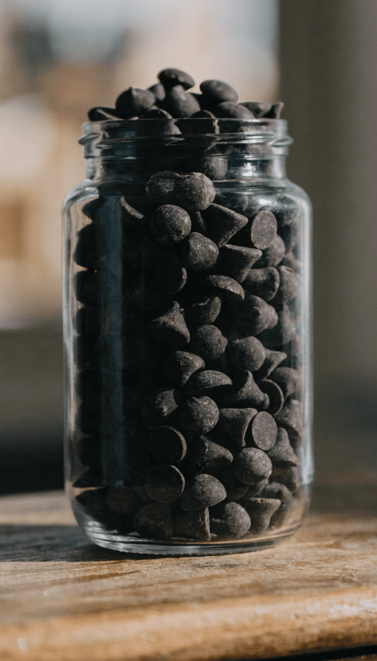 "baking chocolate chips in a glass jar"