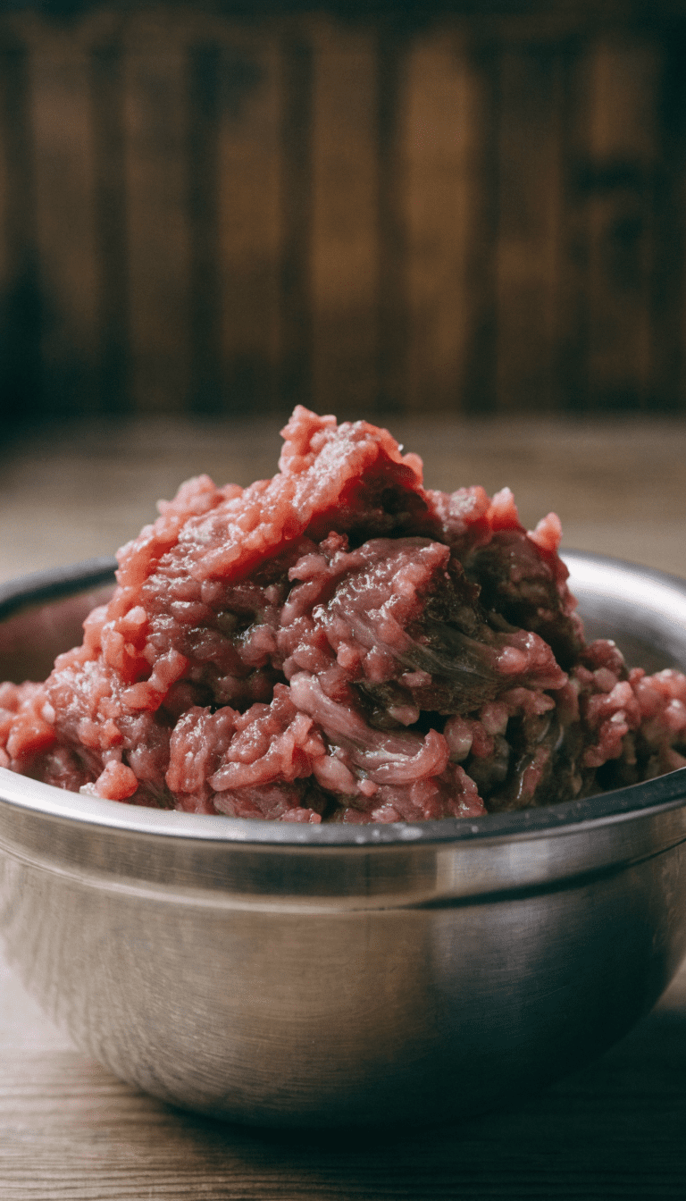 "Close-up raw deer mince in stainless bowl"
