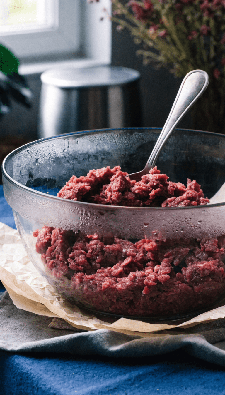 "Kitchen prep scene: ground deer meat and spoon"