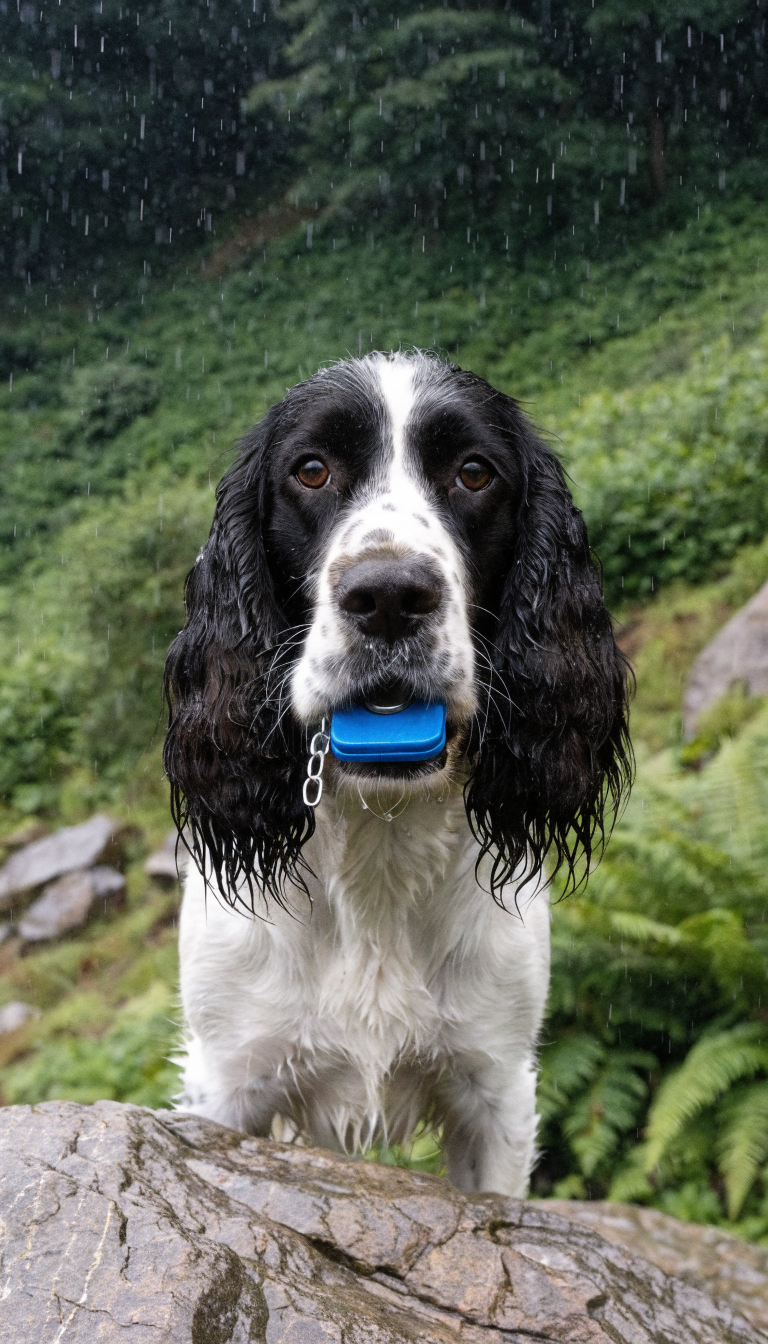 "English Springer Spaniel with training clicker, focused gaze"