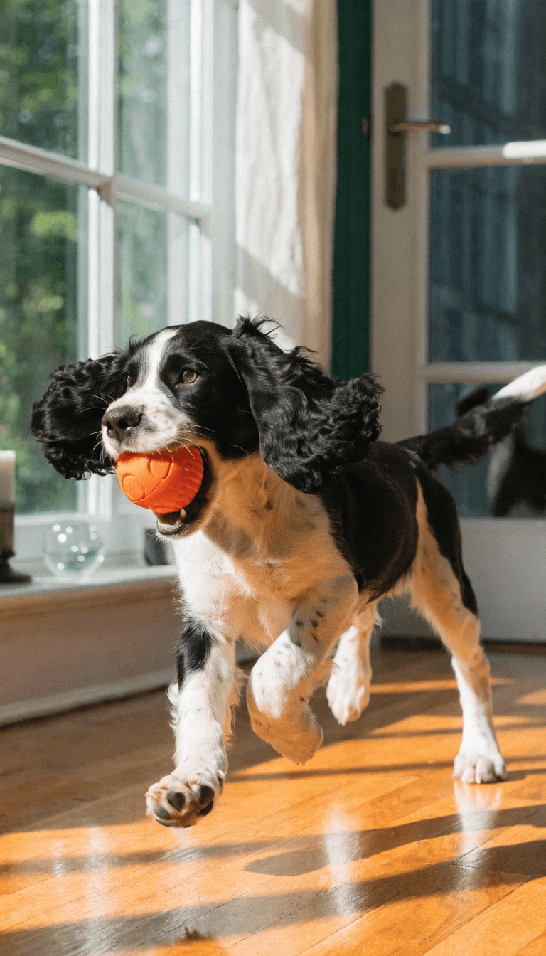 "Springer puppy zoomies indoors, squeaky toy, bright lighting"