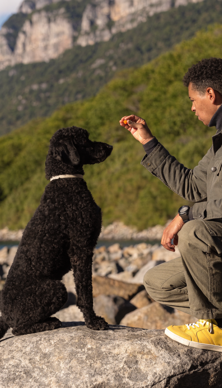 "Outdoor sit-stay drill, handler with treat, natural background"