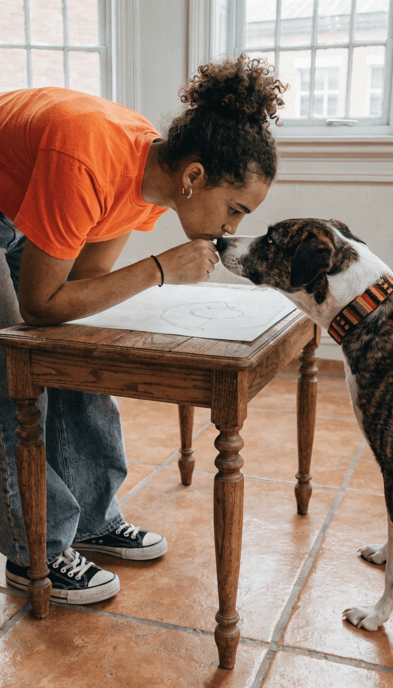 "Collaboration training moment, dog and owner nose-to-plan"