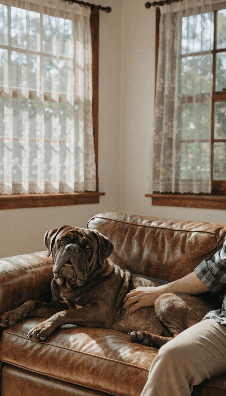 "Bullmastiff resting on leather sofa with belly rub",