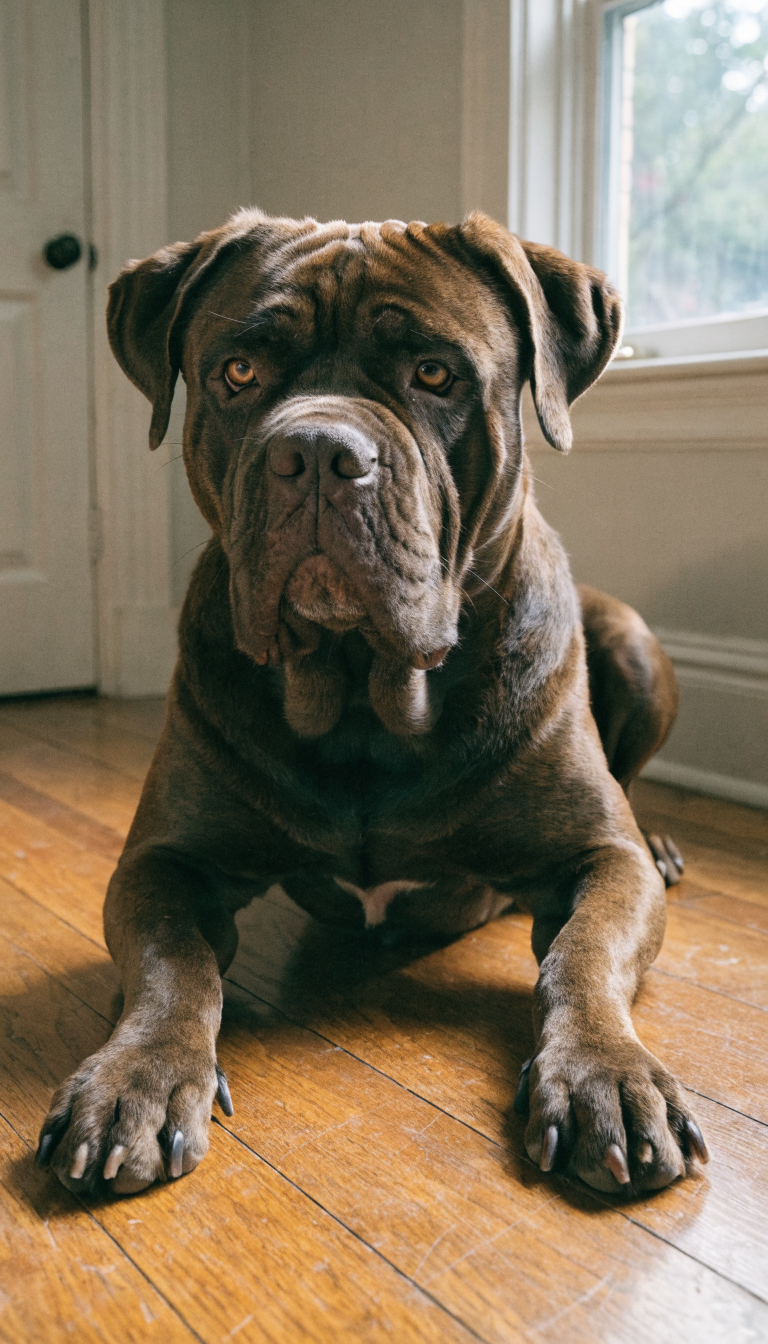 "Close-up Bullmastiff calm gaze indoors, soft natural light",