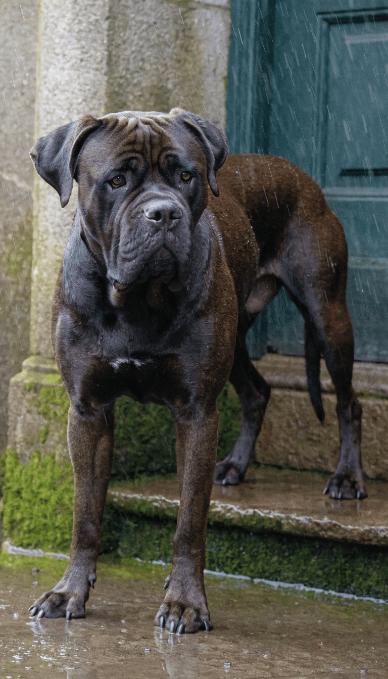 "Bullmastiff guardian stance beside doorstep, quiet intensity",