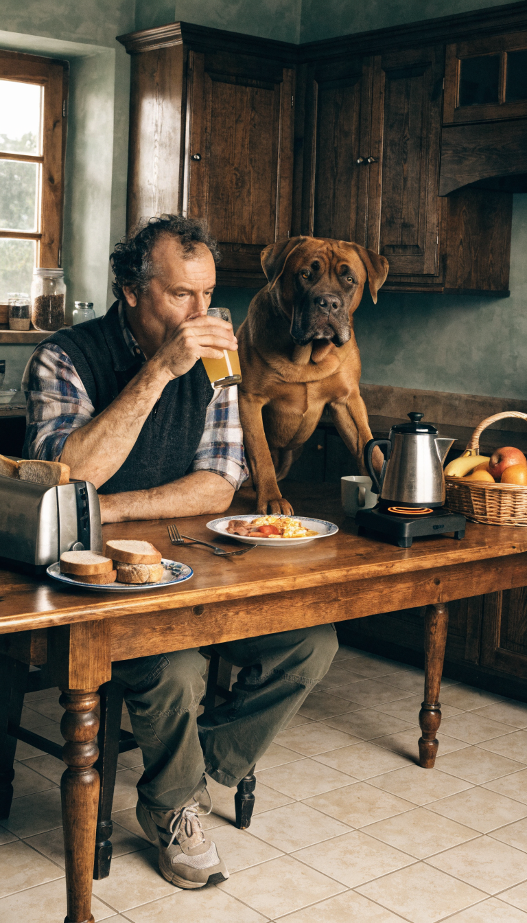 "Wide shot Bullmastiff and owner routine morning kitchen"