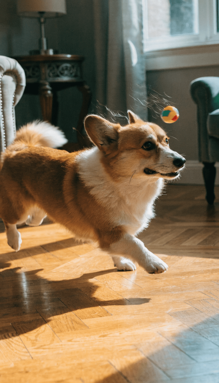"Corgi sprinting across living room, toy squeaker midair"