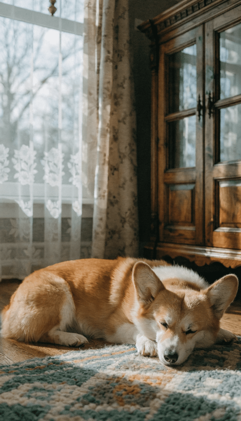 "Loaf-shaped corgi nap on cozy rug, soft morning light"