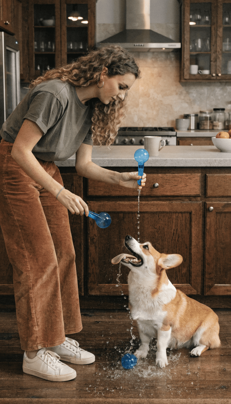 "Owner giving quick-wetcher play session with corgi toys"