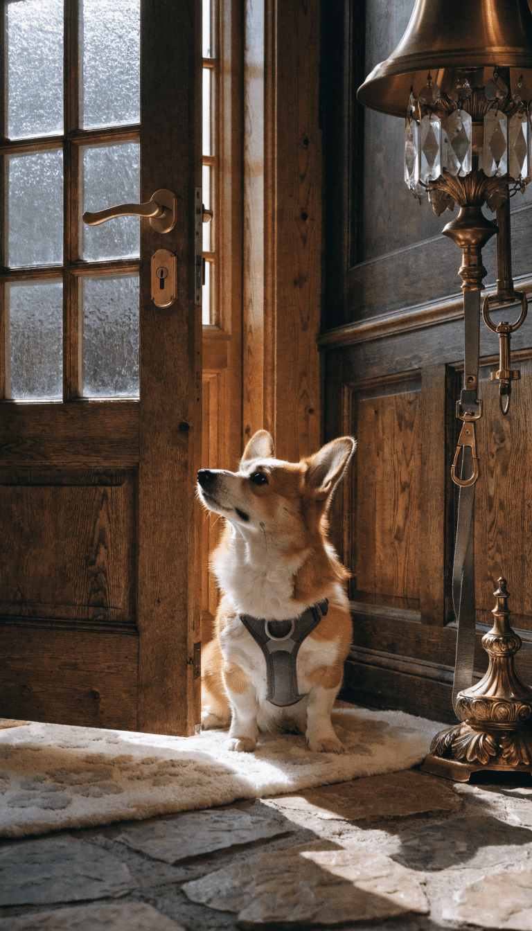 "Corgi at door ready for daily long walk, focused expression"