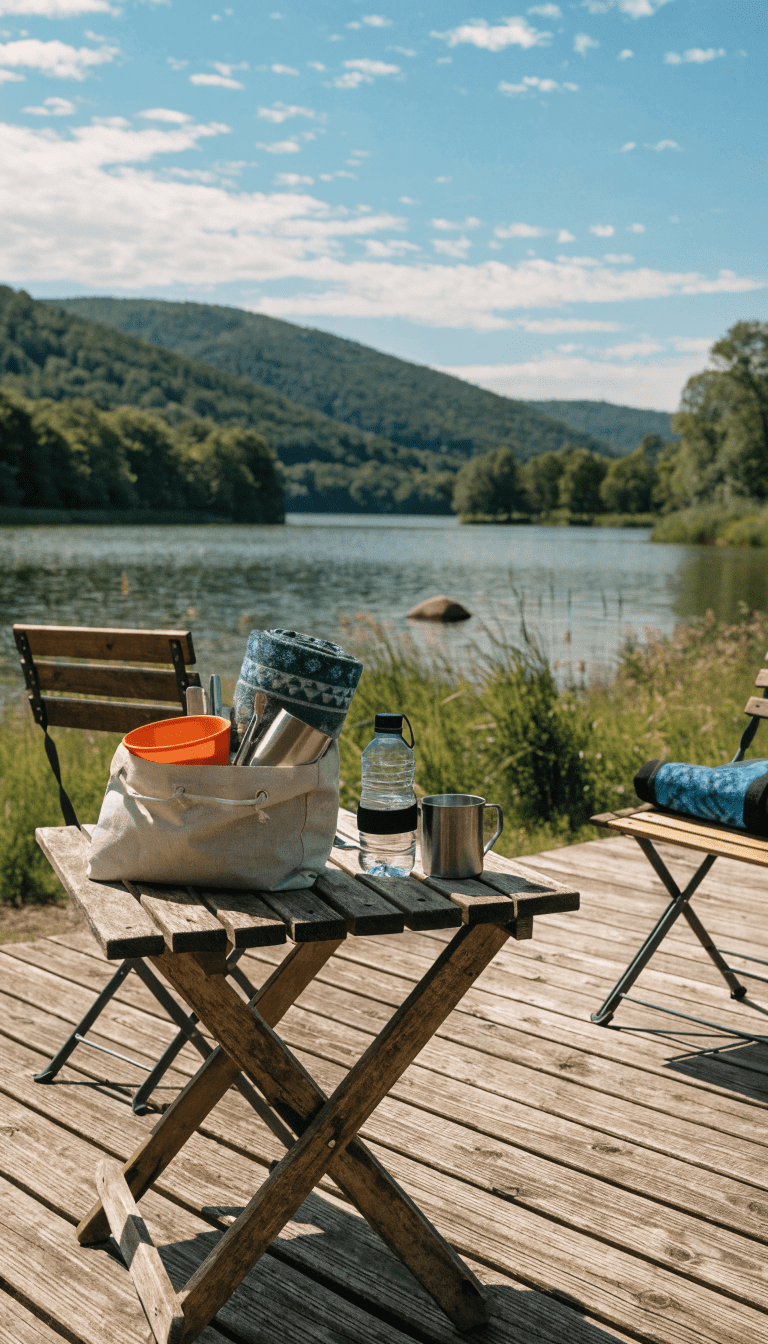 "dog camping kit labeled tote on campsite table"