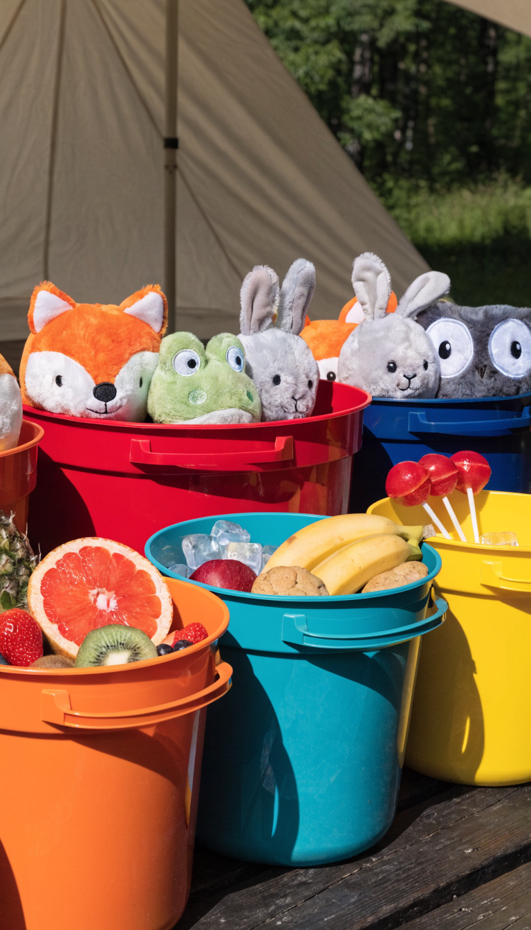 "color-coded food treats toys bins at tent"