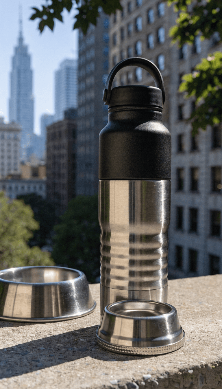 "travel water bottle with built-in bowl by dog bowl"