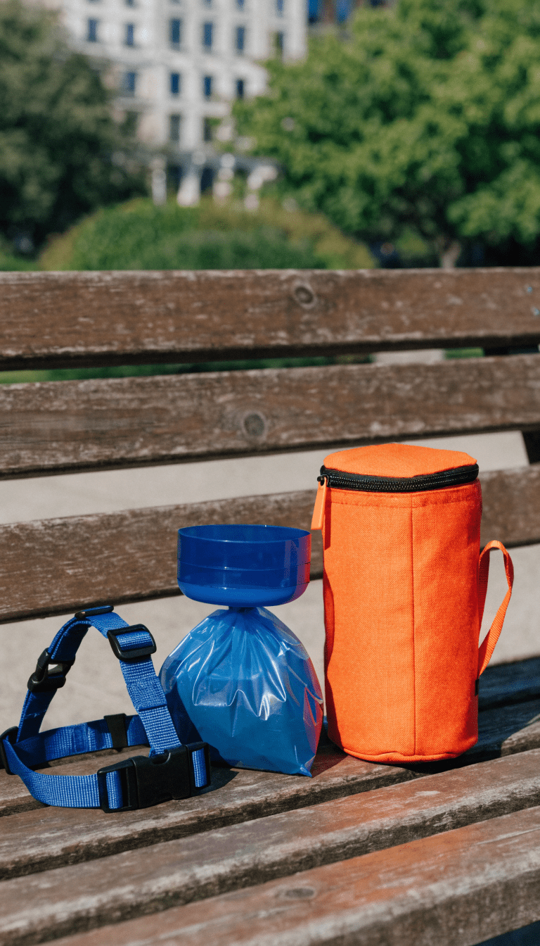 "dog harness and poop bags next to first-aid kit"
