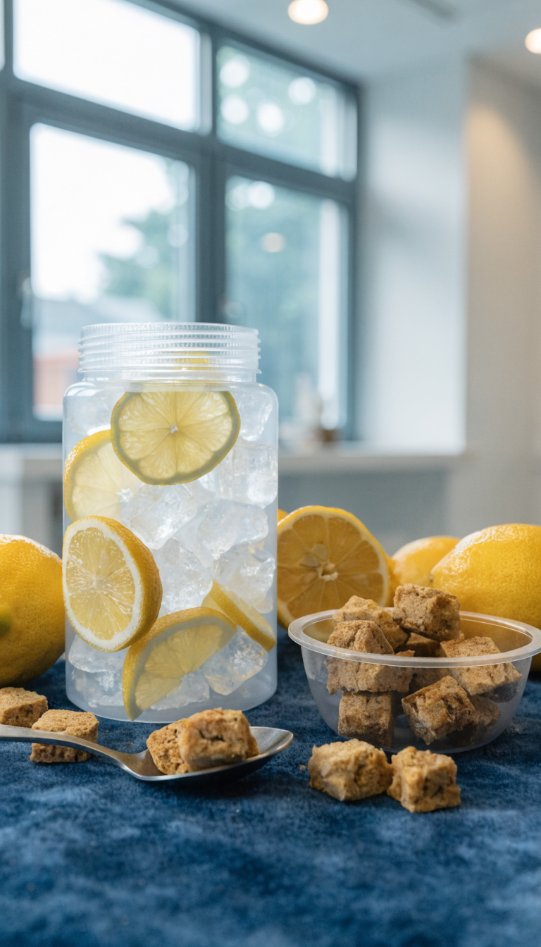 "vet exam room scene with lemon and dog-safe treats"