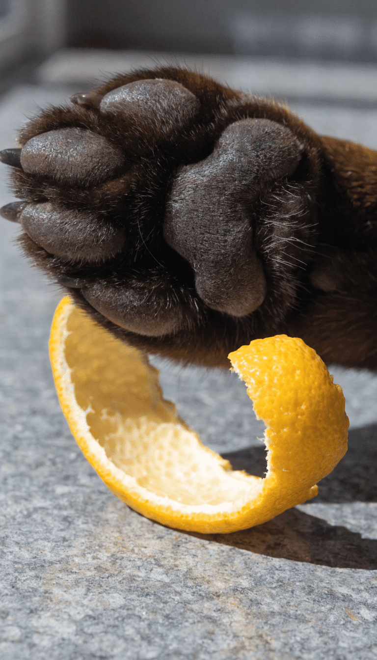 "close-up paw and lemon rind on gray surface"