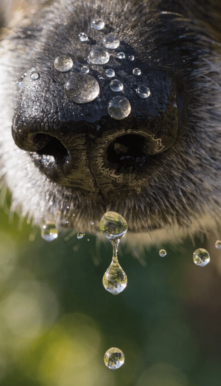 "liquid lemon juice droplets on dog's snout close-up"