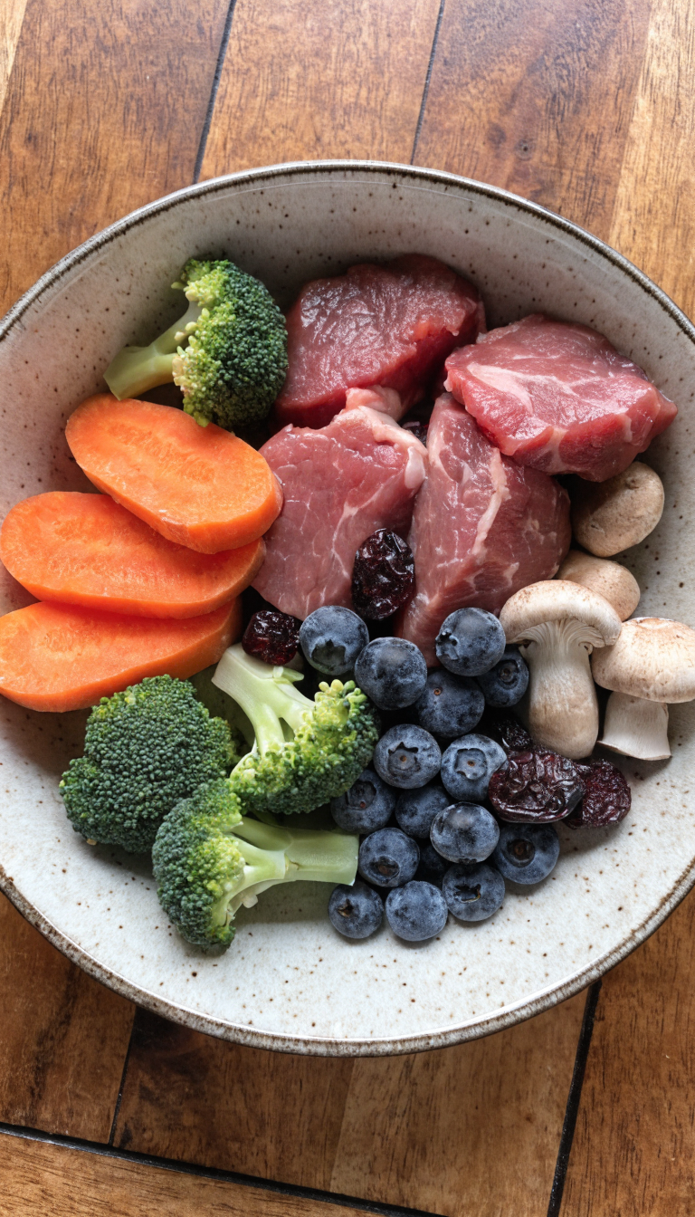 "bowl of homemade dog food ingredients on counter"