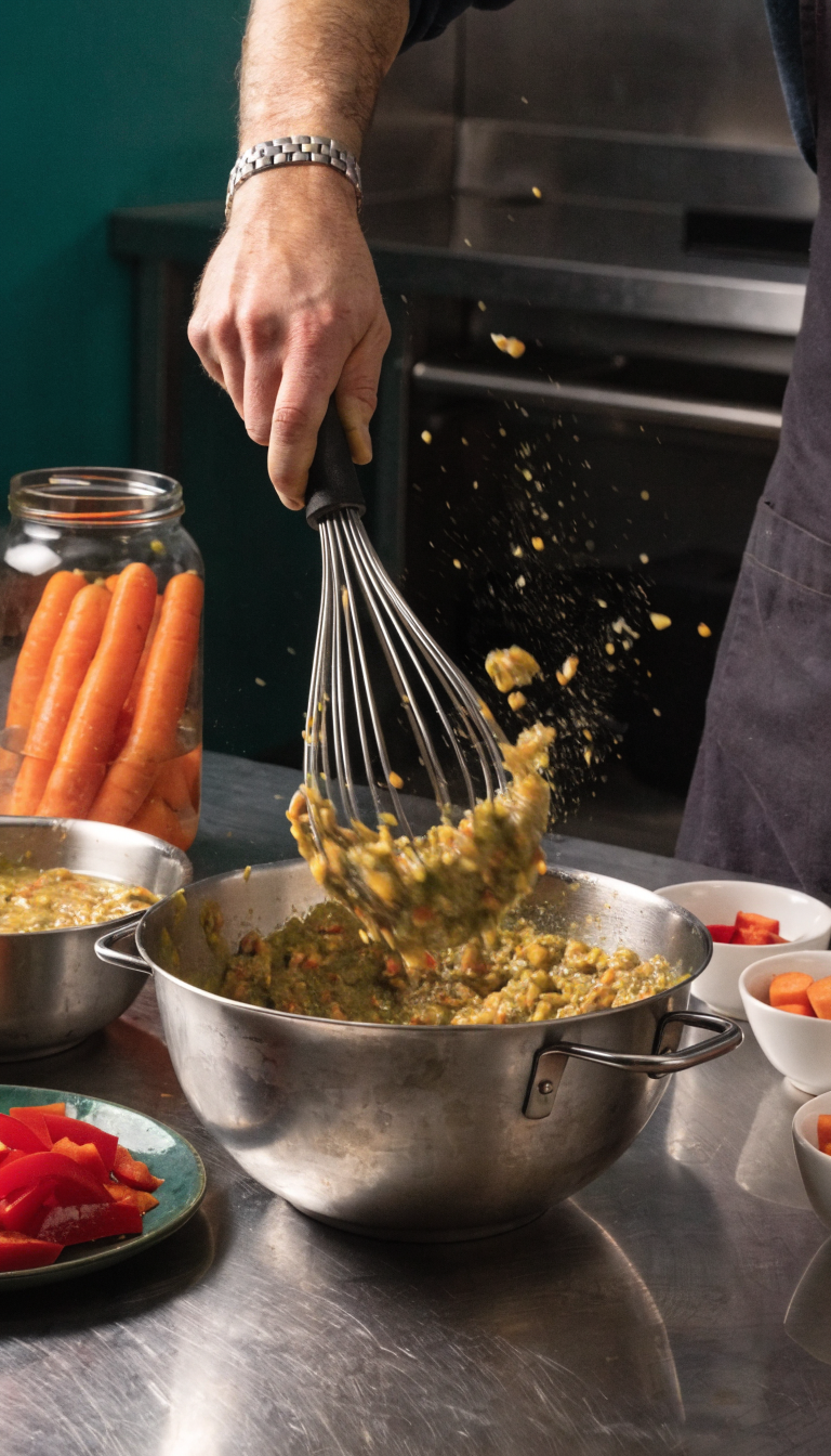 "chef whisking bright veggie puree for dogs"