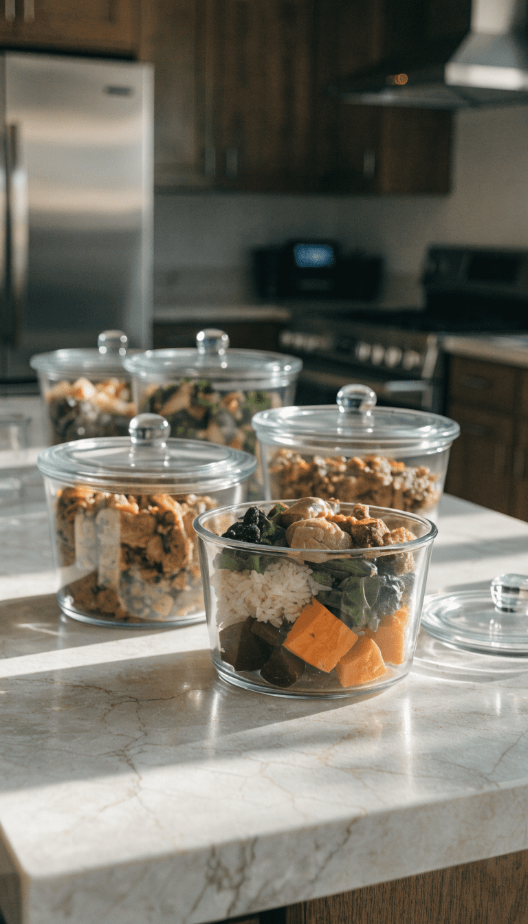 "healthy dog meal prep in glass containers on kitchen island"