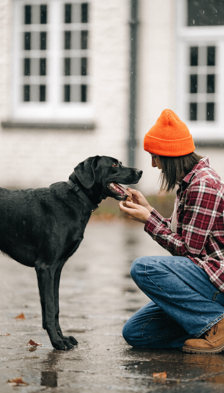 "Owner kneeling, rewarding wagging dog with high-value treat"